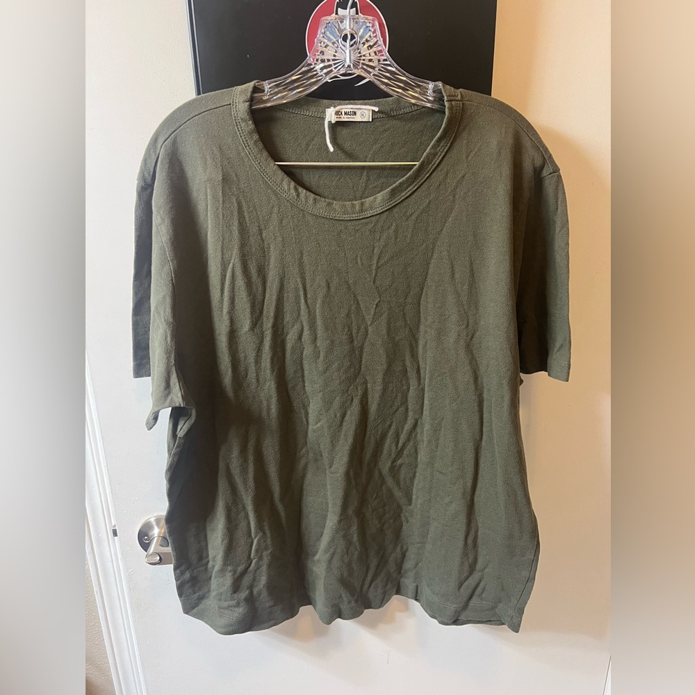 Buck Mason Shirt Mens Green Tee Cotton Curved Hem Made In USA